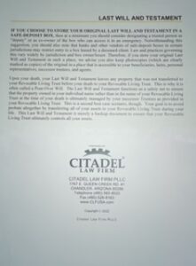 Example of Last Will and Testament in Arizona by Citadel Law Firm