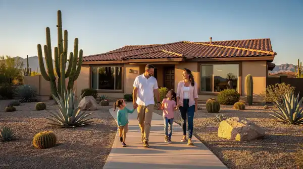 A family of four is walking together outside a charming Arizona home