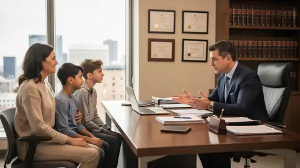 An experienced estate planning attorney is seated at a desk in an office discussing important estate planning documents with a family
