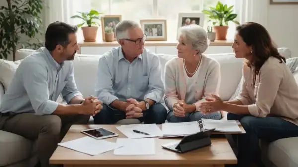 Elderly parents and their middle-aged children engaged in a serious discussion about estate planning