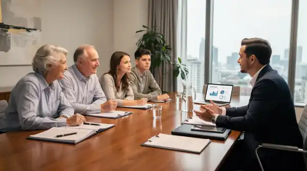 The image depicts a professional trustee engaged in a meeting with a family, discussing estate planning strategies