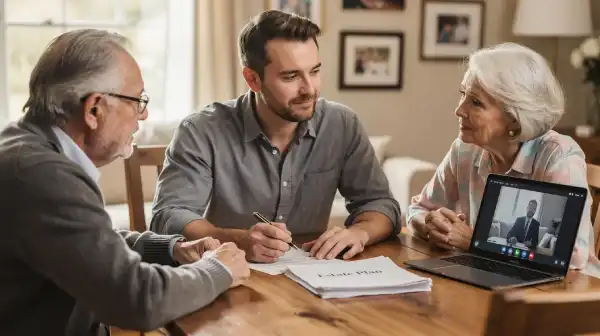 An adult son is seated at a table discussing estate planning options with his elderly parents