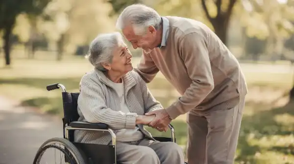 An elderly couple is sitting together with one partner in a wheelchair