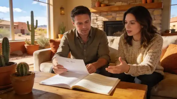 Couple discussing estate planning in a cozy Gilbert, Arizona setting