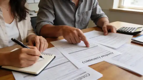 Couple reviewing community property rights documentation