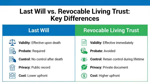 Visual representation of the differences between a Last Will and a Revocable Living Trust in Arizona
