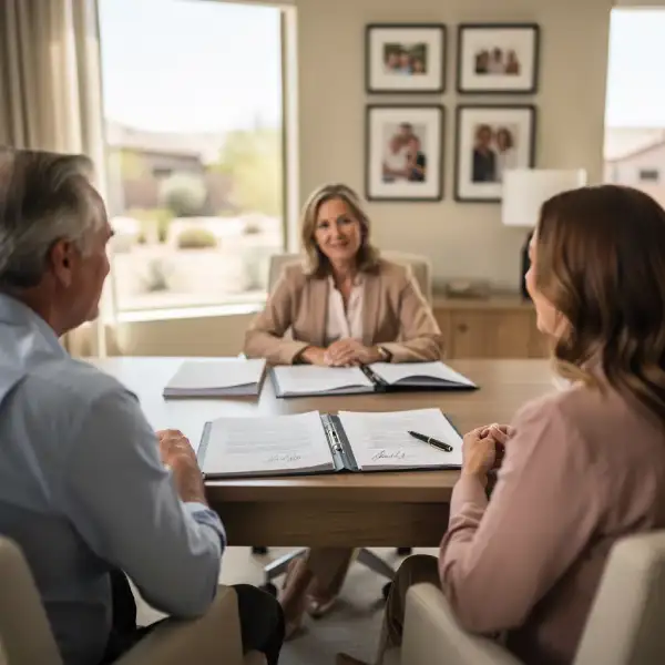 Family discussing estate planning in a cozy home, emphasizing estate planning discussions